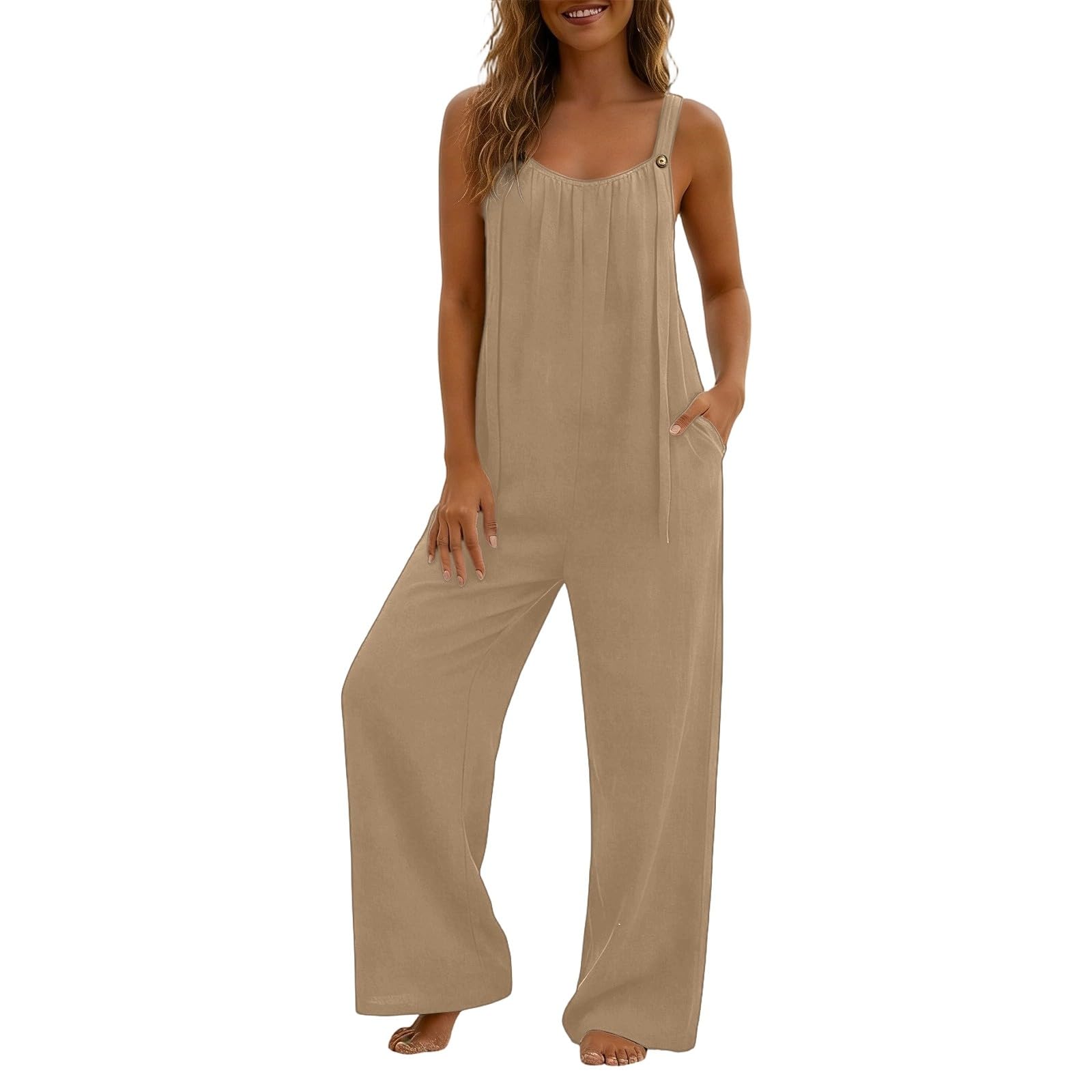 Salopette Donna Estiva in Cotone e Lino con Bretelle Regolabili Tutina Elegante Curvy Tuta Intera da Spiaggia Larghi Leggeri Jumpsuit Casual Comode Outfit da Aeroporto Comodi per Mare,