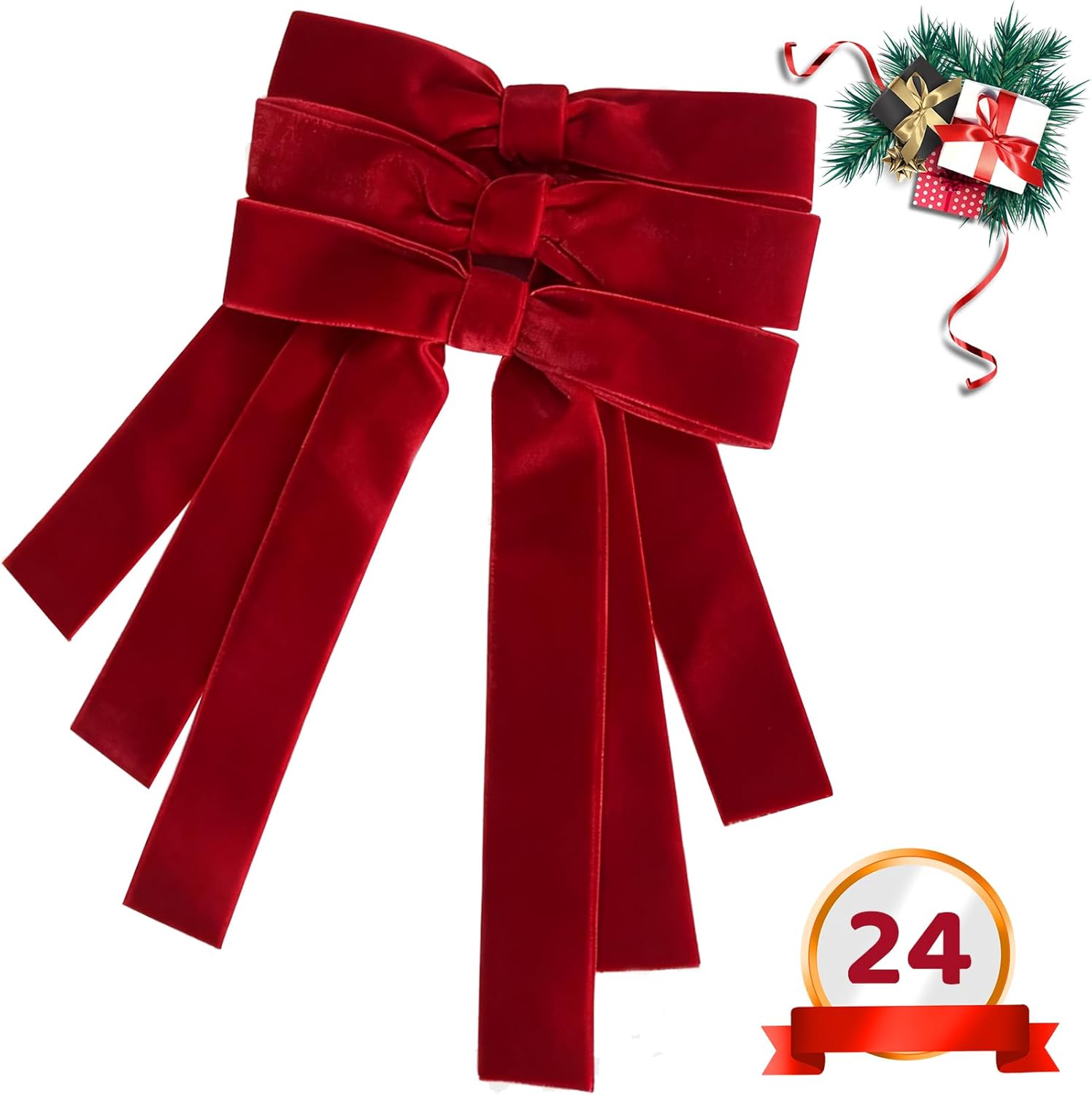 24Pcs Velvet Bows for Christmas Tree, Vintage Velvet Ribbon Bows Wreath Bows Rustic Crafts Gift Bows for Xmas Tree Garland Wreath Holiday Decorations (Red, 5"x7", Width of 1") - Image 6