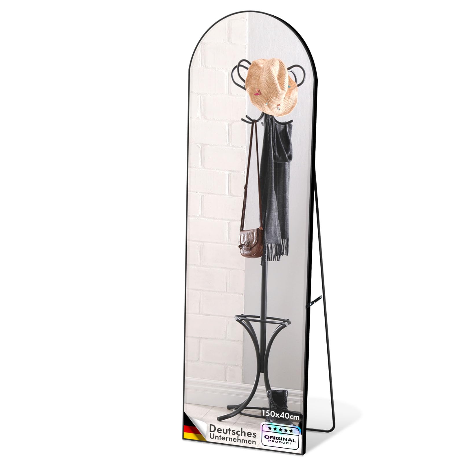 Floordirekt Ganzkörperspiegel, 161 x 52 cm, gewölbter Standspiegel, Rahmen aus Aluminiumlegierung, Hartglas, für Schlafzimmer, Wohnzimmer, Garderobe, schwarz Madison