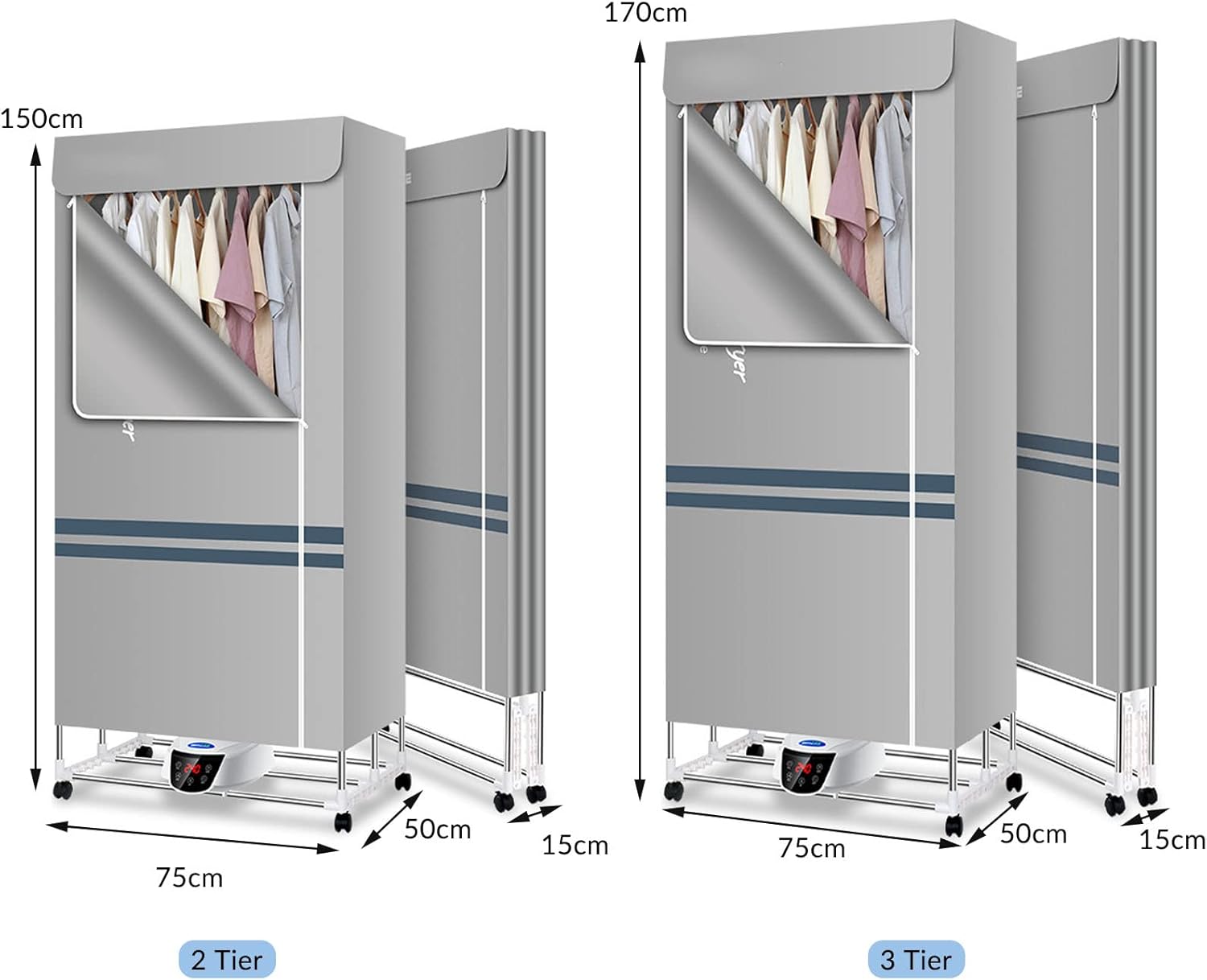 Heated Clothes Drying Rack Electric Clothes Dryer with Cover,2-Tier Stainless Steel Foldable Heated Clothes Dryer, Drying Rack with 180 Minutes Timer (Grey 150cm)