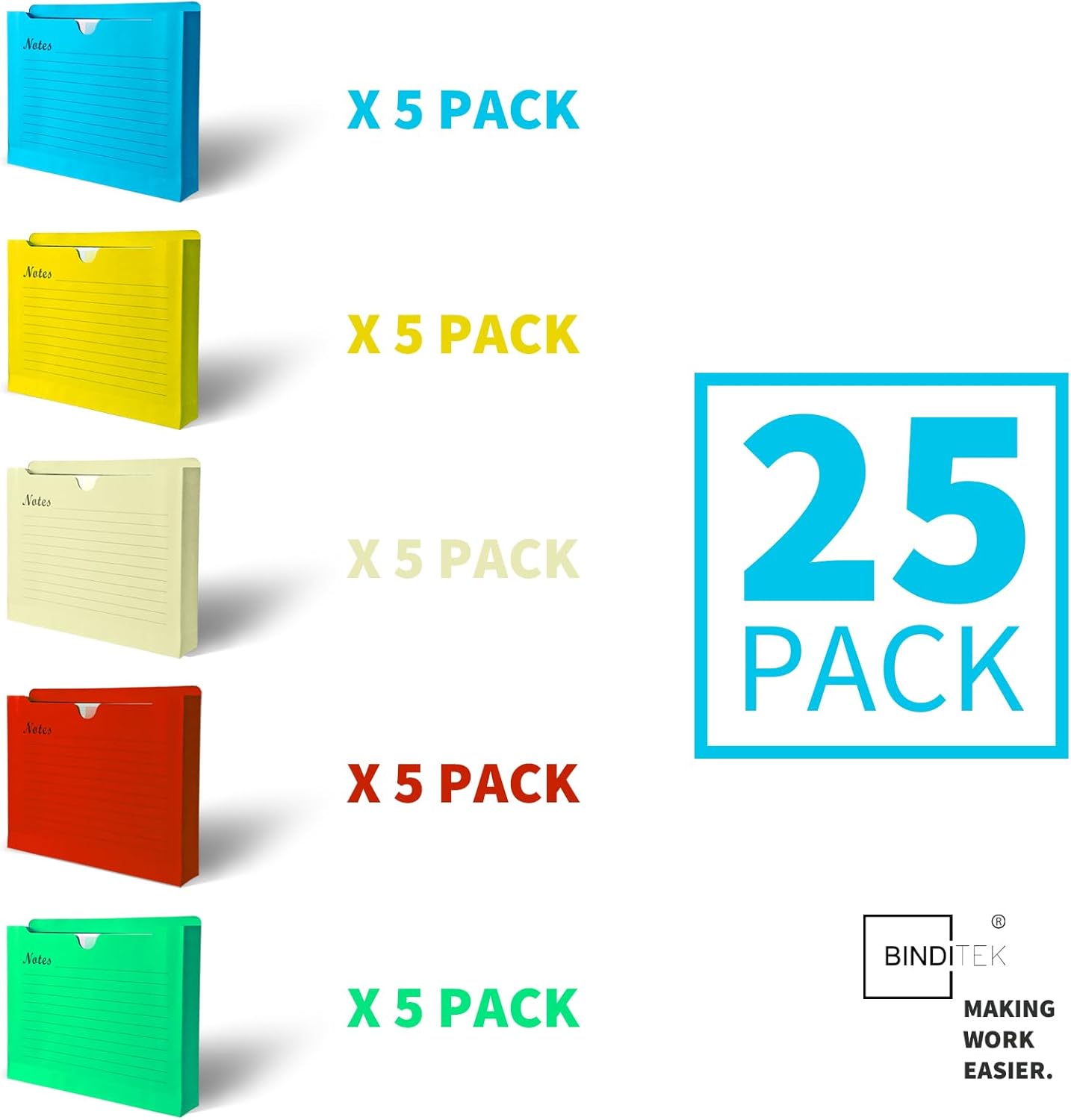 Binditek 25 Pack Notes File Jacket, 2 Inch Expansion Pockets, Letter Size Manila File Folder, 5 Assorted Colors (Yellow, Orange, Green, red, and Blue), School Office Supplies