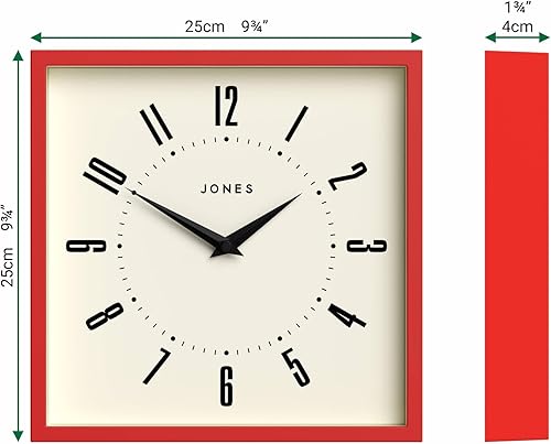 Miniatura 4 de JONES CLOCKS Reloj de pared de caja, reloj cuadrado retro, 10 pulgadas, rojo, números fáciles de leer, reloj de cocina o reloj de oficina perfecto