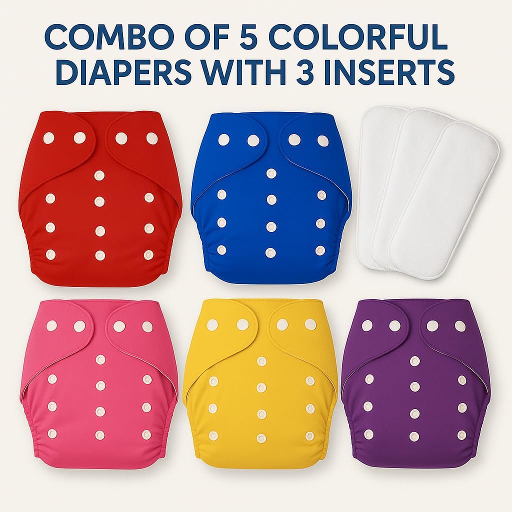 Kritiu Reusable Leakage-proof cotton cloth diapers for babies, high absorbent 5 reusable diaper 3 insert pad combo pack washable cloth diaper free size 3-15kg baby adjustable - Image 2 thumbnail