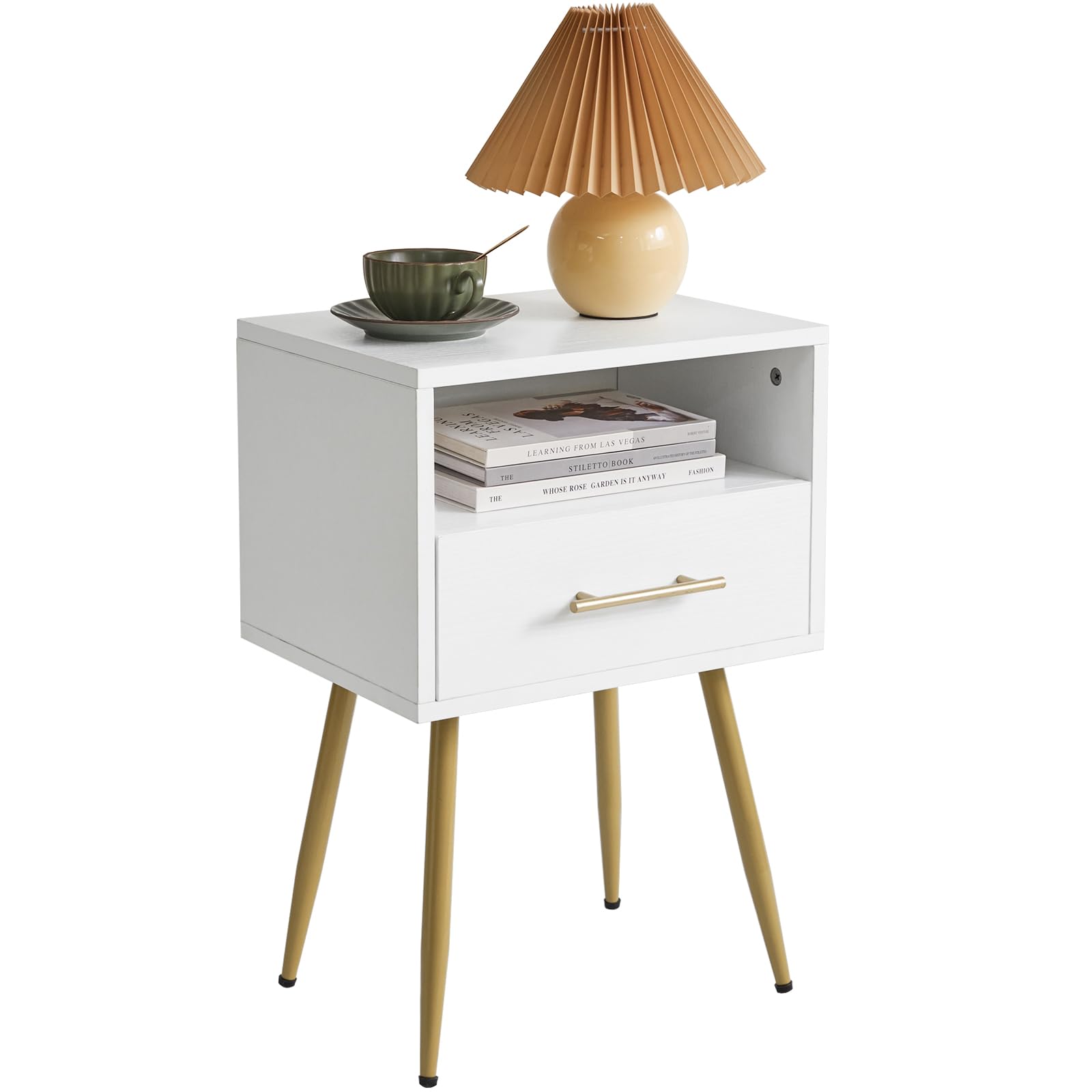 IBUYKE Mesita de Noche Moderna de Mediados de Siglo con Patas, Minimalista y práctica con Espacio de Almacenamiento de 2 Niveles, para Dormitorio, Sala de Estar, Blanco