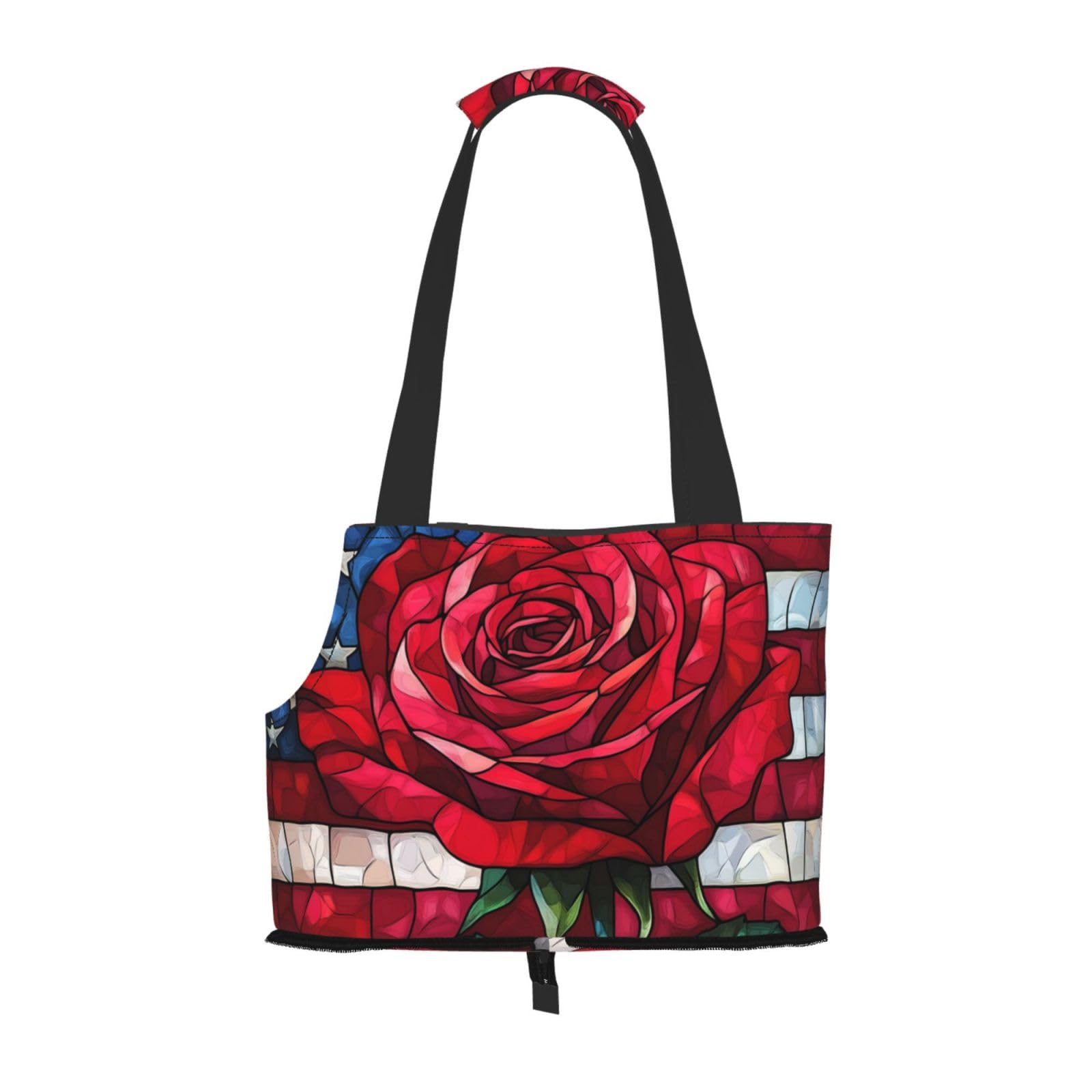 Stained Glass American Flag Red Rose Pet Sling Carrier for Small Dog Cats Puppy Portable Tote Bag Pouch for Outdoor Travel Hiking