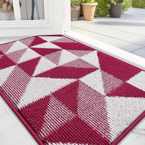 Image of OLANLY Door Mat Indoor Entrance Washable 32x20, Odor-Free Low-Profile Front Back Geometric Doormat, Absorbent Resist Dirt Entry Carpet, Easy to Clean Sturdy Inside Floor Mats for Entryway, Burgundy
