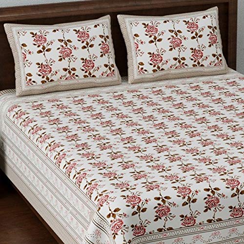 Image of LIVING ROOTS Ethnic Rajasthani /Jaipuri /Sanganeri Block Print 100% Cotton Super King Size 100 * 108 Bedsheet with 2 Pillow Covers (50A)