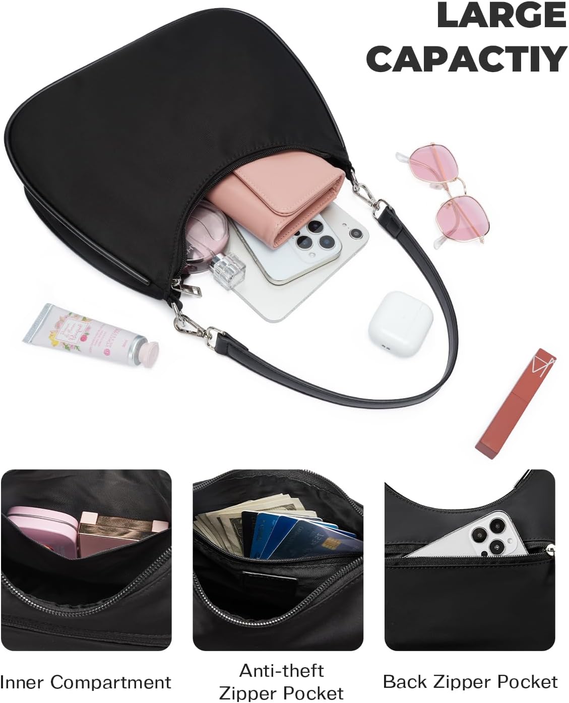 CHOLISS Small Crescent Shoulder Bag for Women - 2-in-1 Nylon Crossbody Bag, Trendy Everyday Bag with Adjustable Straps - Image 4