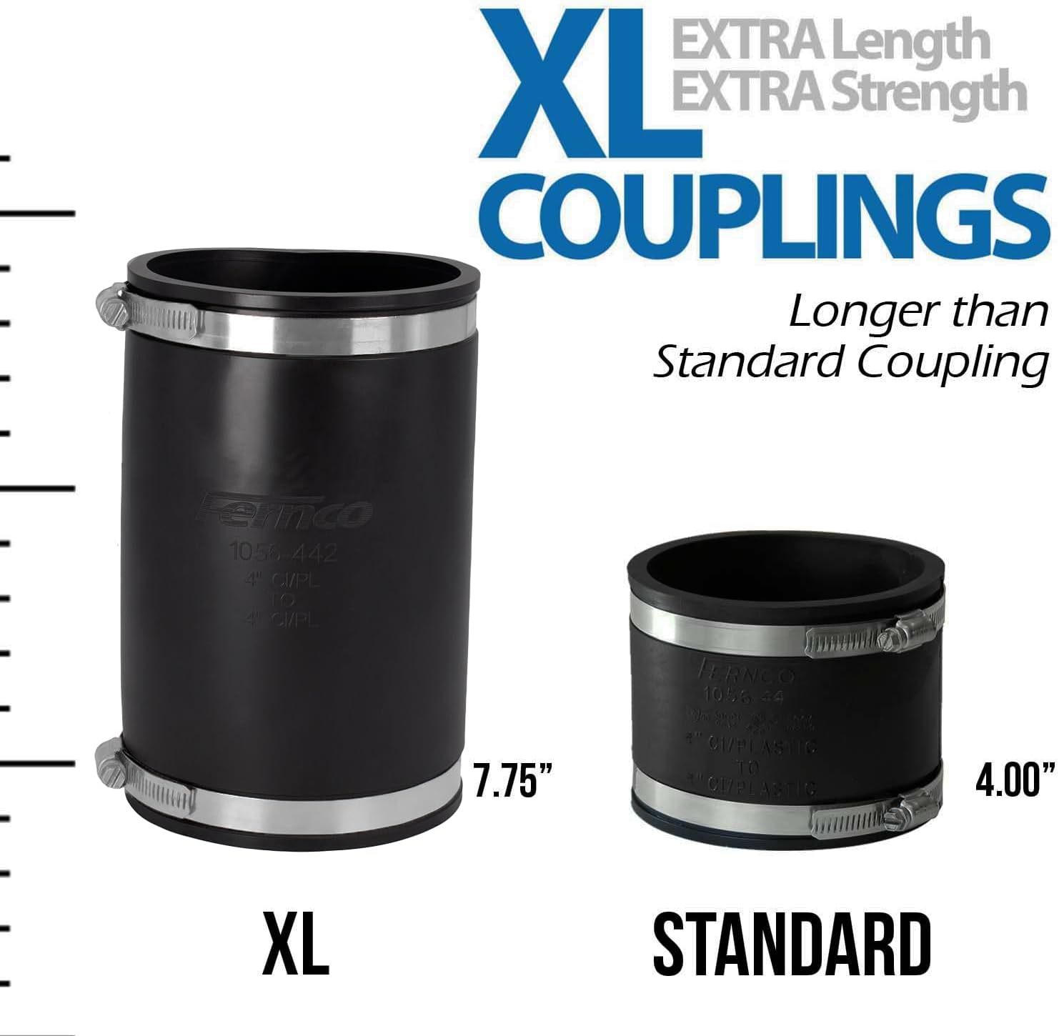Fernco XL 1056-442 4-Inch Flexible Pipe Coupling – Extra-Long 7.75” DWV Connector with Stainless Steel Clamps – Fits Cast Iron, PVC, Plastic, Steel & Lead Pipes