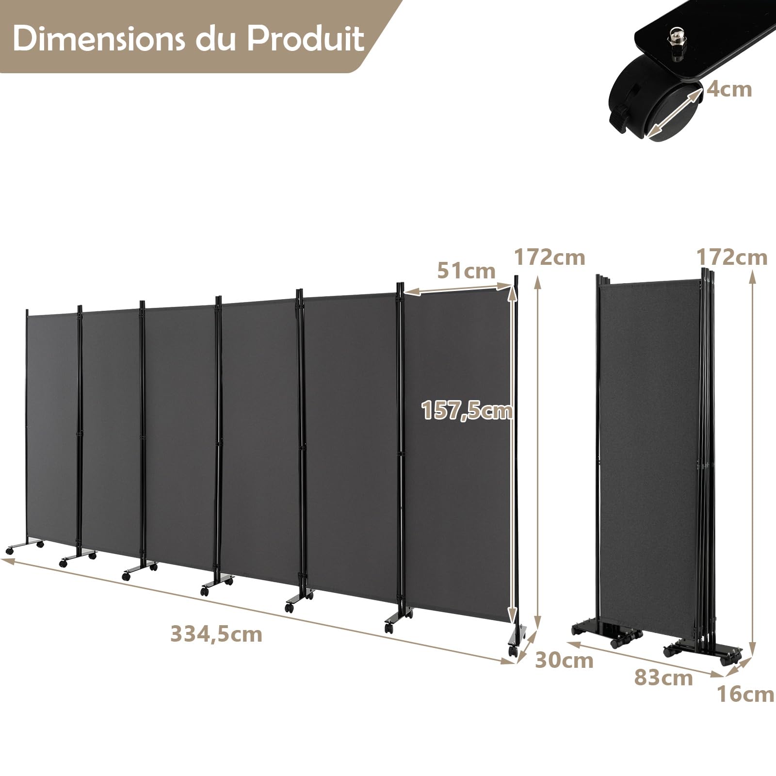 GOPLUS Paravent Pliable 6 Panneaux avec Roues, Brise Vue Intérieure et Extérieure avec Support en Métal,Paravent de Chambre Retractable 334,5x172CM, pour Salon, Chambre, Hôpital(Gris)