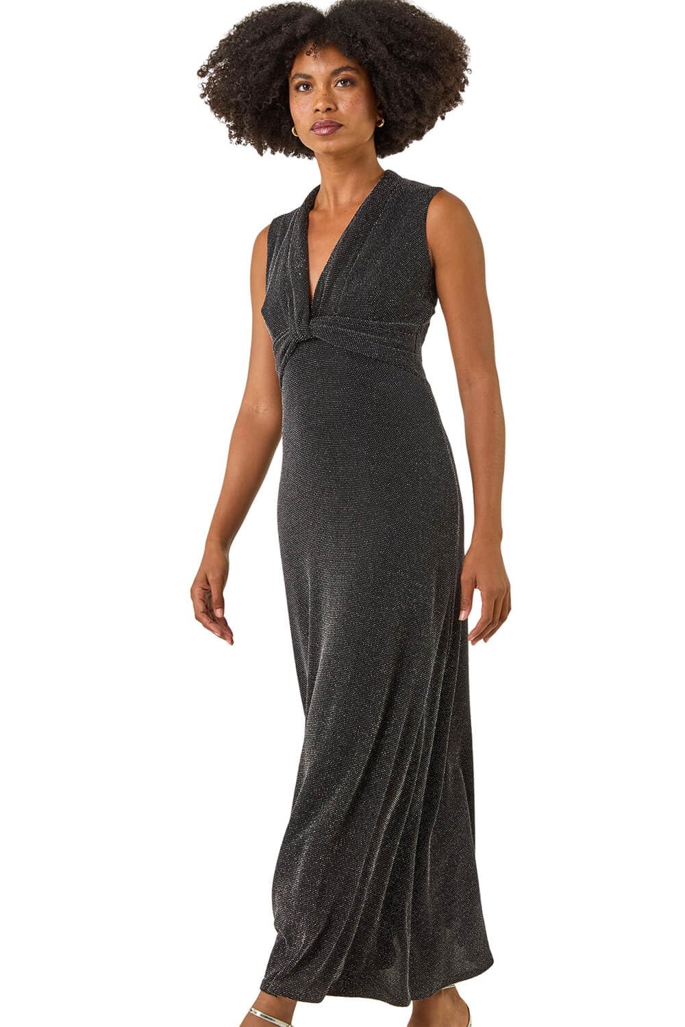 Roman Originals Women's Grey Shimmer Twist Detail Stretch Maxi Dress For Uk - Everyday Autumn Winter V-Neckline Comfy Soft Evening Vacation Work Party Night Out - Silver - Size 16