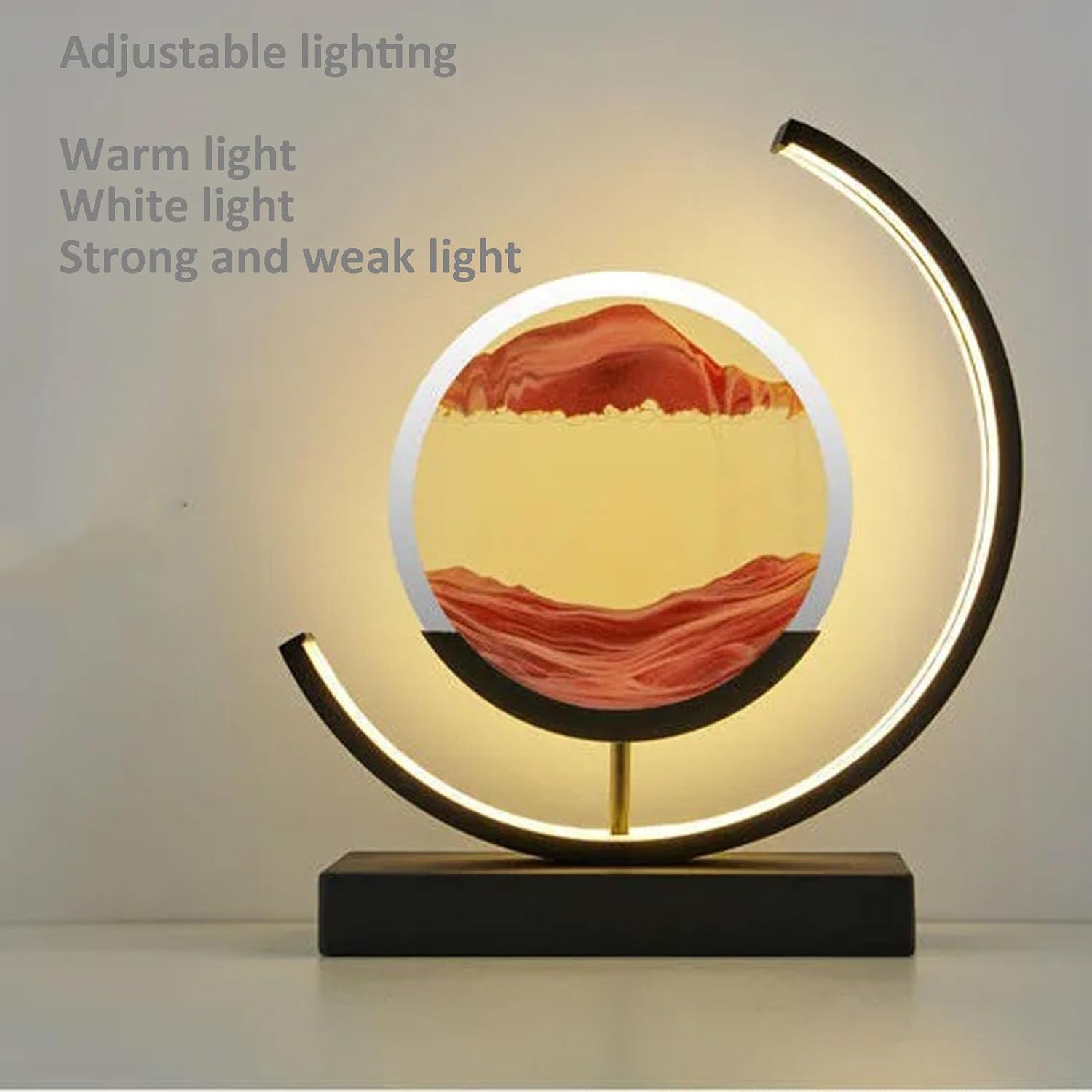 3D Moving Sand Art Desk Lamp 3D Moving Sand Art Rotating Hourglass Decoration Creative Art Creative Sea Glass Quicksand Painting Night Light (Black, Touch Style)