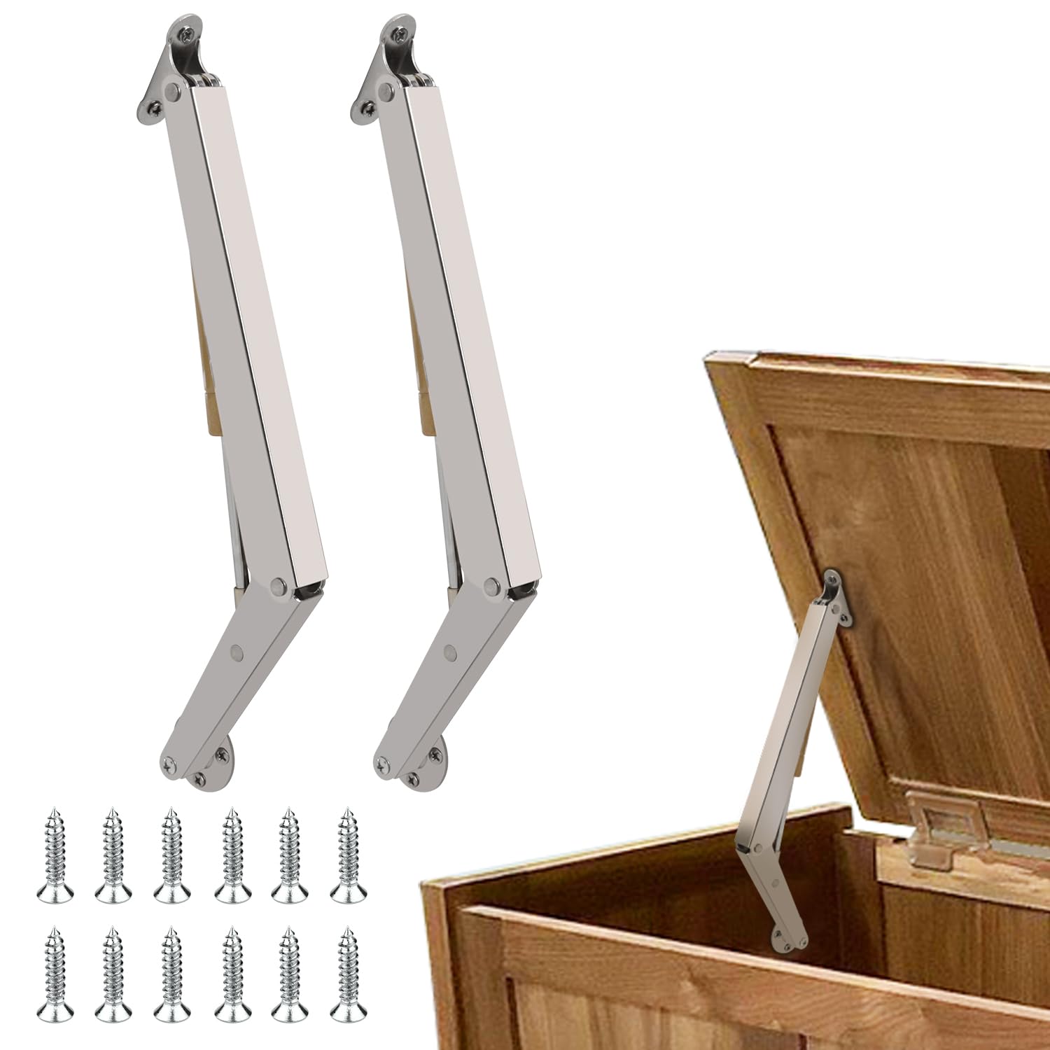 Photo 1 of 2 Pack | 150N Gas Strut Spring Hinges for Heavy Lids to Keep Stay, Slow Down and Soft Close, Hydraulic Hinges for Toy Box Chest, Bench, Toolbox and Basement Floor Door.
