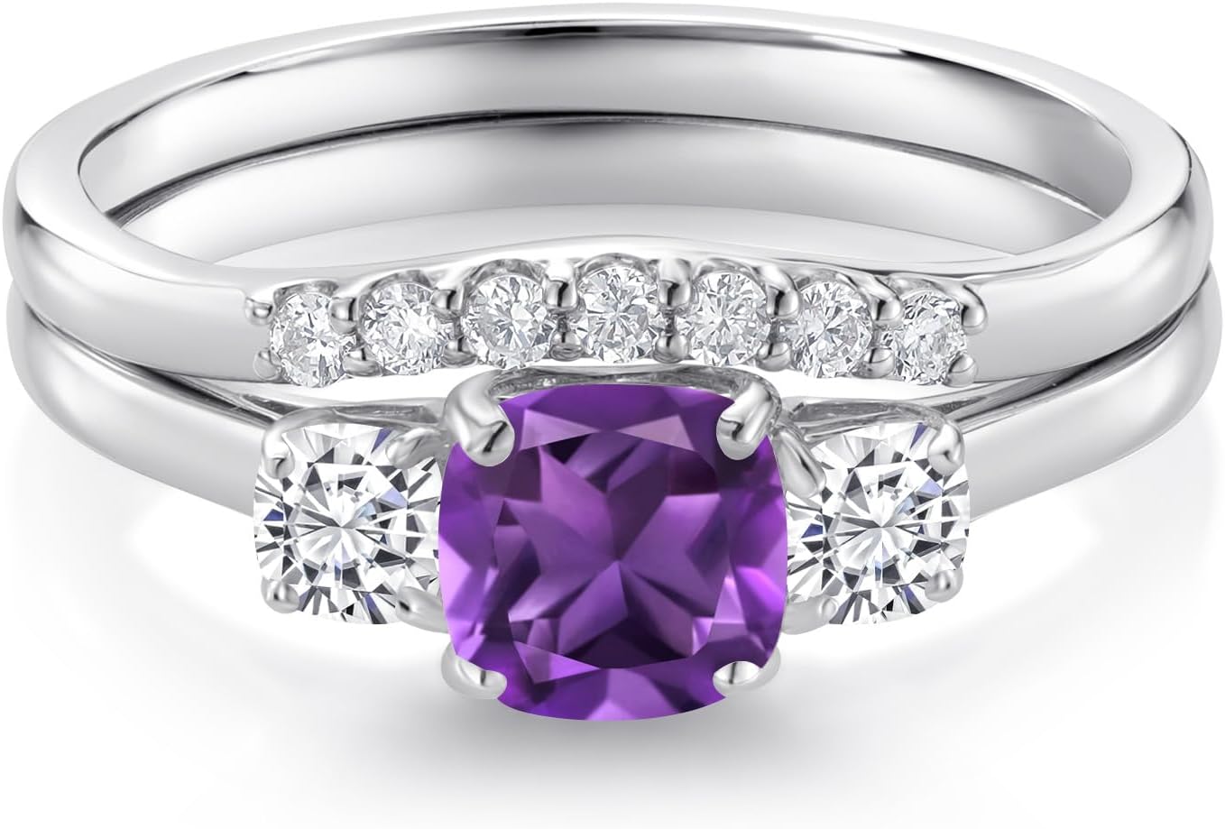 Gem Stone King 10K White Gold Purple Amethyst White Moissanite and Lab Grown Diamond 3 Stone Bridal Engagement Wedding Ring Set For Women (0.88 Cttw, 5MM and 3MM Cushion, Sizes 5, 6, 7, 8, 9)