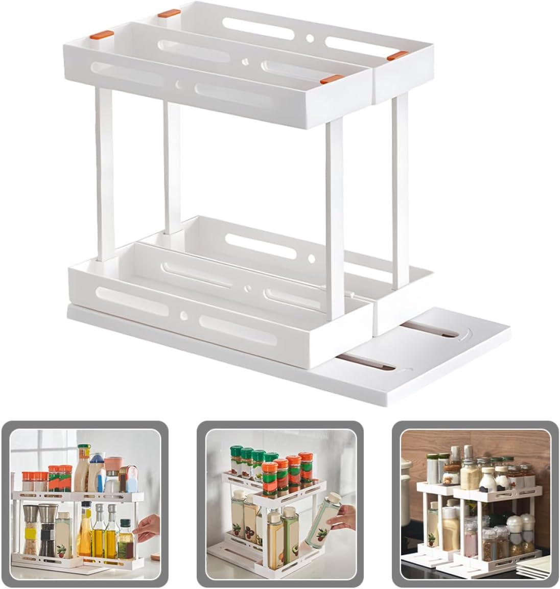 2-tier Pull-out Storage Rack Double-layer Spice Rack and Countertop Cosmetics Holder White High-profile Adjustable Organizer for Kitchen and Bathroom Shelves