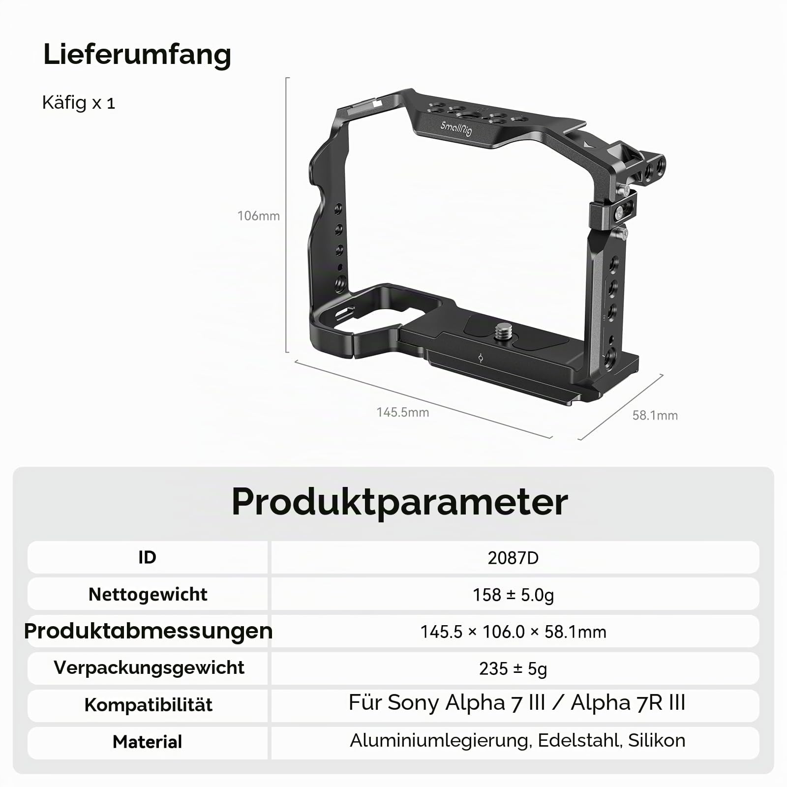 SMALLRIG A7 III / A7R III Kamerakäfig für Sony Alpha 7 III/Alpha 7R III, Aluminiumlegierung mit Schnellwechselplatte für Arca Standard, integriertem Kaltschuh, NATO-Schiene und Gewindelöchern -2087D