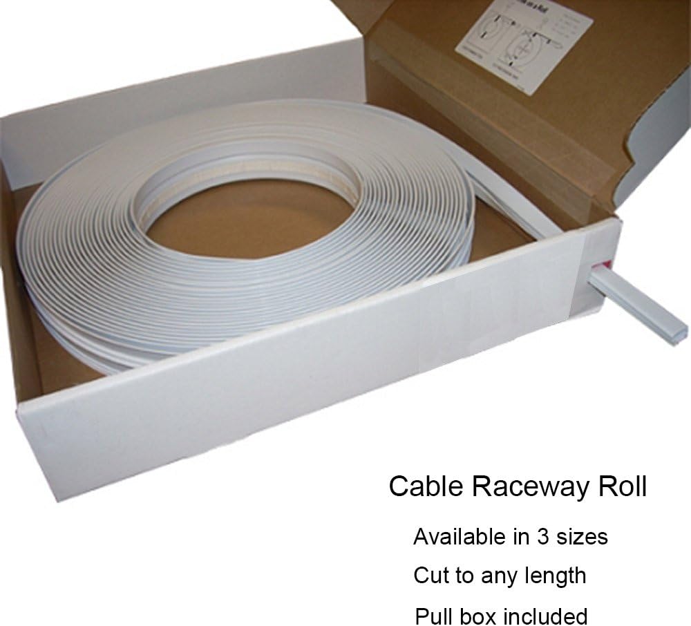 Electriduct Cable Raceway Roll in its pull box, with text indicating 'Available in 3 sizes', 'Cut to any length', and 'Pull box included'.