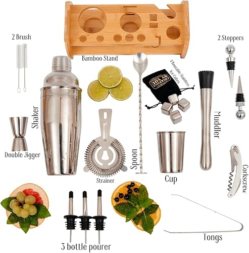 Miniatura 4 de Juego de coctelería mixológica  Kit de camarero con un elegante soporte de bambú  Kit de accesorios de barra que incluye un coctelero de martini un