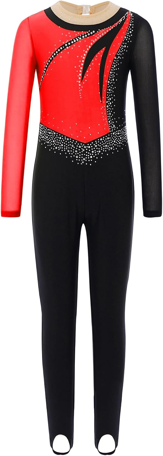 Kids Girls Color Block Figure Skating Unitard Long Sleeve Rhinestones Gymnastics Full Body Leotard Dancewear