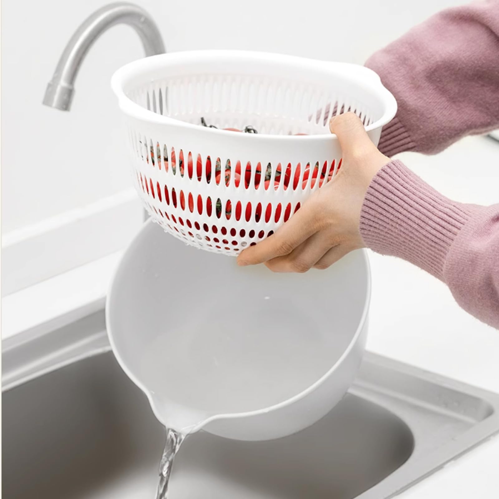 Juego de 2 coladores de cocina 2 en 1 de 3 cuartos de galón con colador de tazón, cesta de lavado de frutas y verduras de plástico sin BPA, apto para lavavajillas, doble capa, para pasta, fideos, arroz y alimentos (gris) 9