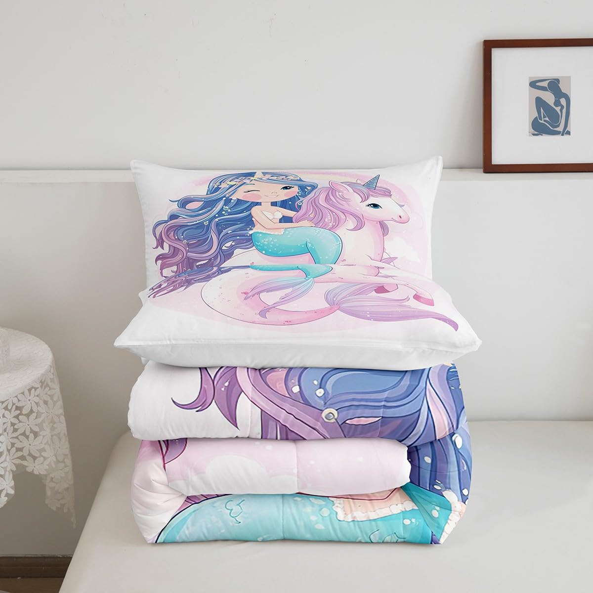 Manfei Mermaid Duvet Cover Set Twin Size - Watercolor Flower & Purple Fish Tail Design, 1 Pillowcase