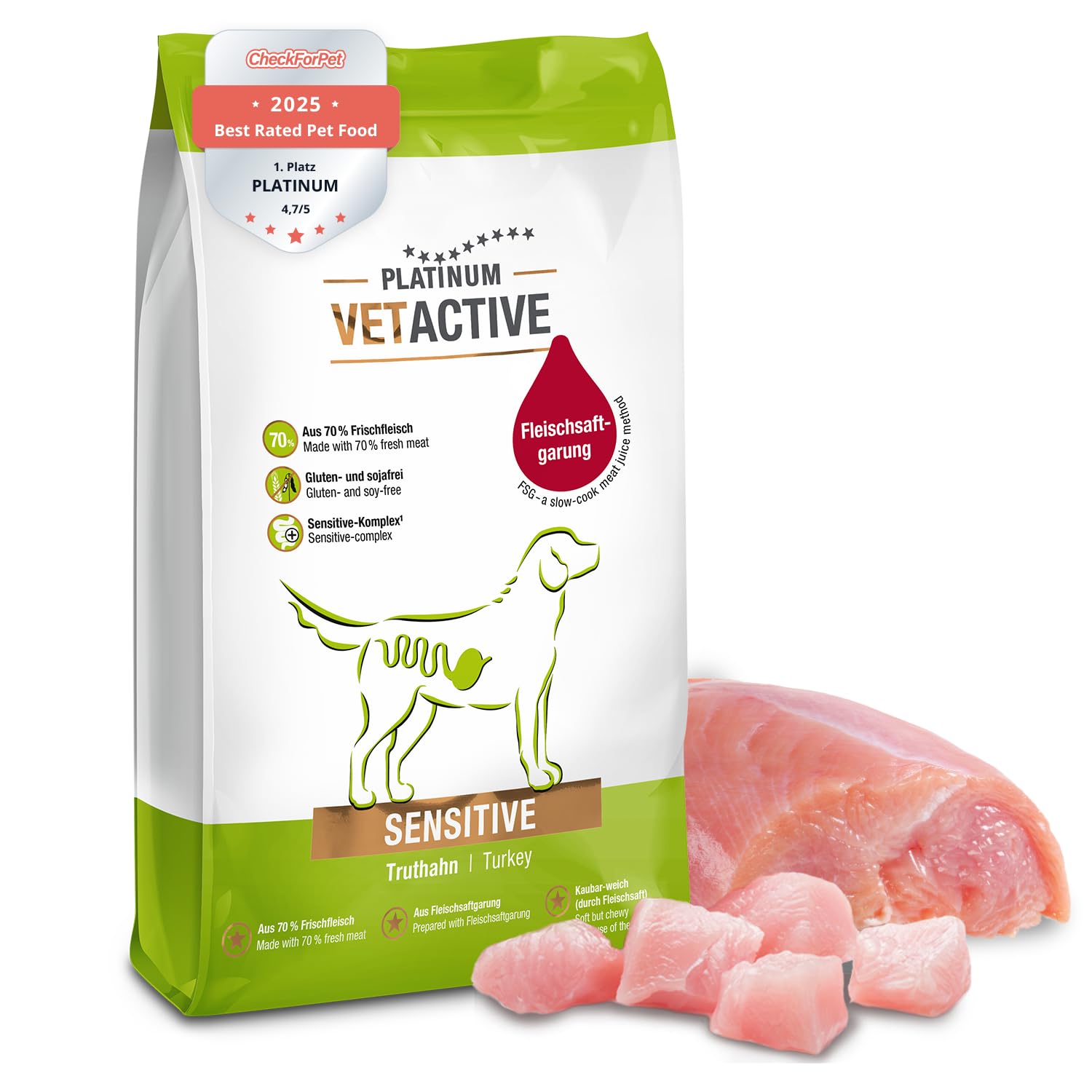 PLATINUM - Hundenahrung VETACTIVE Sensitive aus Fleischsaftgarung - 5kg Hundefutter trocken nährstoffreich wie Barf - besonders schmackhaftes Hundetrockenfutter für nahrungssensible Hunde