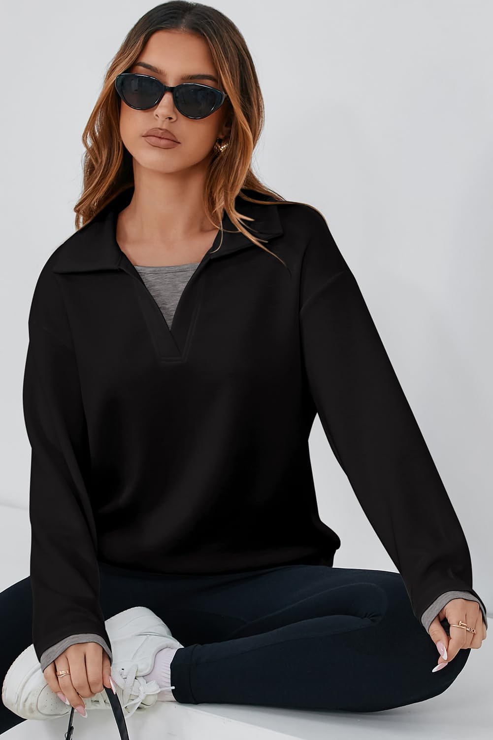 Dokotoo Sweatshirt for Women Long Sleeve V Neck Color Block Oversized Casual Pullover Sweatshirts Tops - Image 4