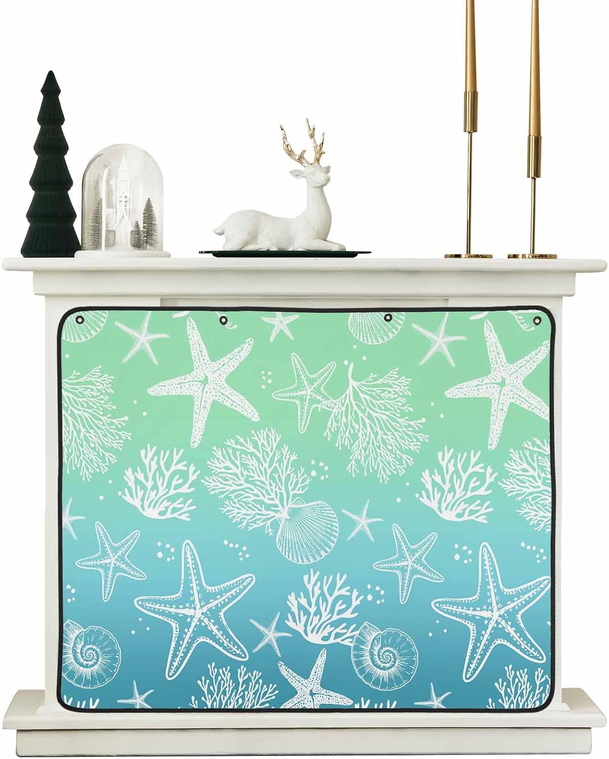 Teal Blue Ombre Coastal Magnetic Fireplace Cover,Fireplace Draft Blocker,Sea Nautical Summer Beach Starfish Coral Fireplaces Blanket for Heat Loss/Cold Air,Fireplaces Draft Stopper Cover 36"x27"