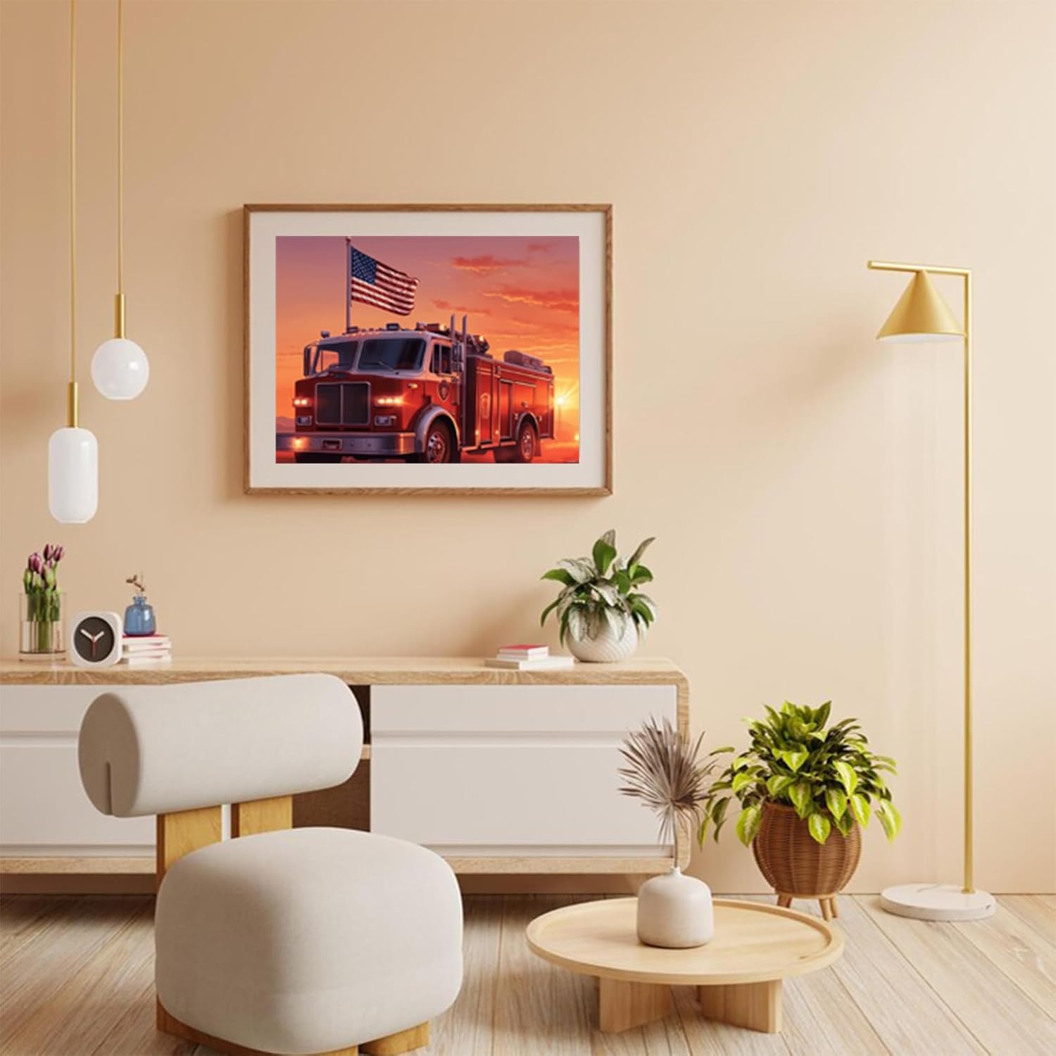 HMDIIMGE Diamond Art Painting American Flag Patriotic Fire Truck Full Drill Paint with Diamond Art DIY Scenery Painting by Number Kits Art Wall Home Decor 12x16 Inch