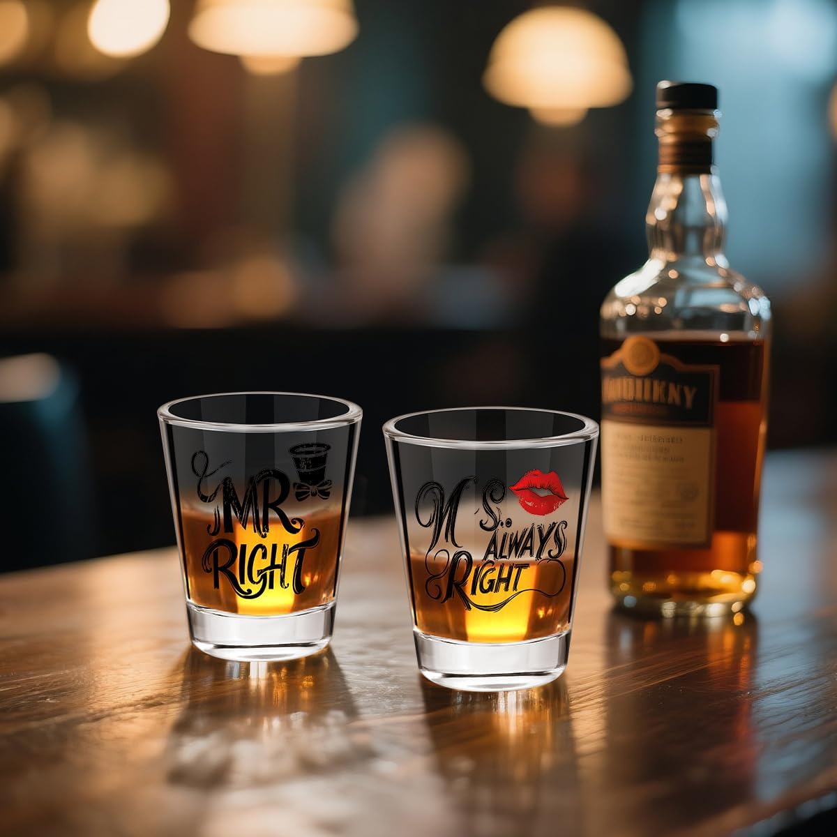 60ml Pairs Glass Shot Glasses, Mr Right & Ms Always Right Shot Glass Set, Set of 2 Shot Cups with Gift Box for Tequila, Vodka, Espresso & Desserts, Wedding Party, Anniversary for Newlyweds Couples