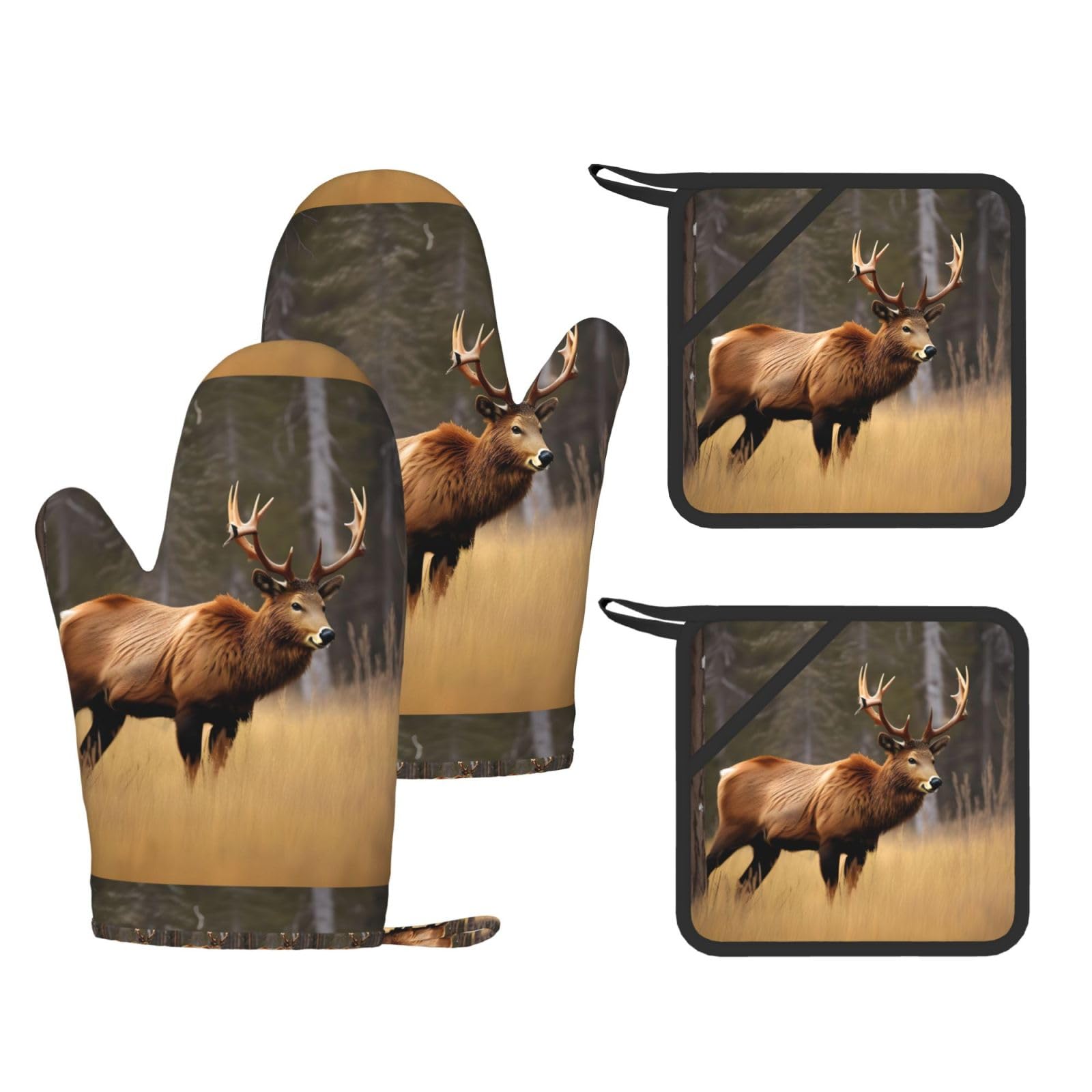 Wildlife Deer Bear Elk Print Kitchen Heat Resistant Set,Cooking Kit With Hanging Loop For Baking & Bbq