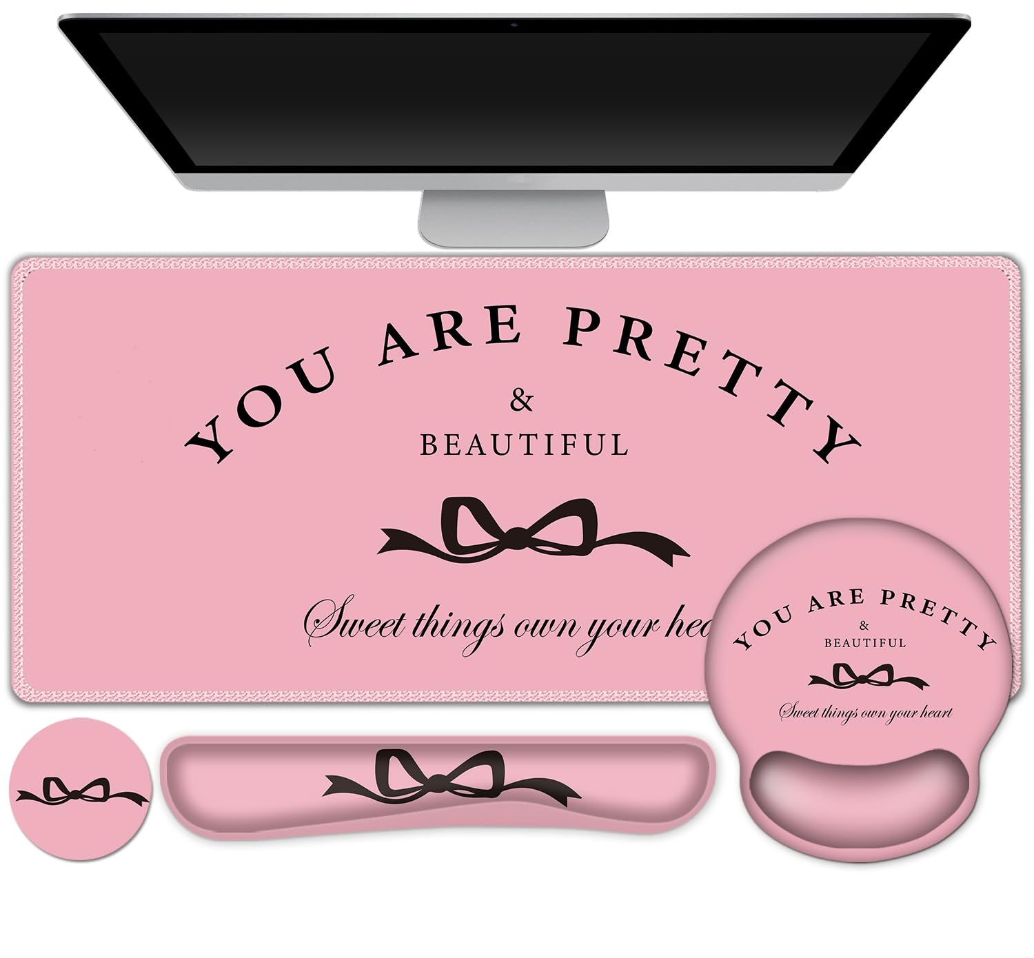 Gaming Mouse Pad, Large Desk Mat, Cute Desk Pad Protector, 4in1 XXL Mousepad + Keyboard Wrist Rest+Mouse Wrist Rest+Coaster Set with Ergonomic Desk