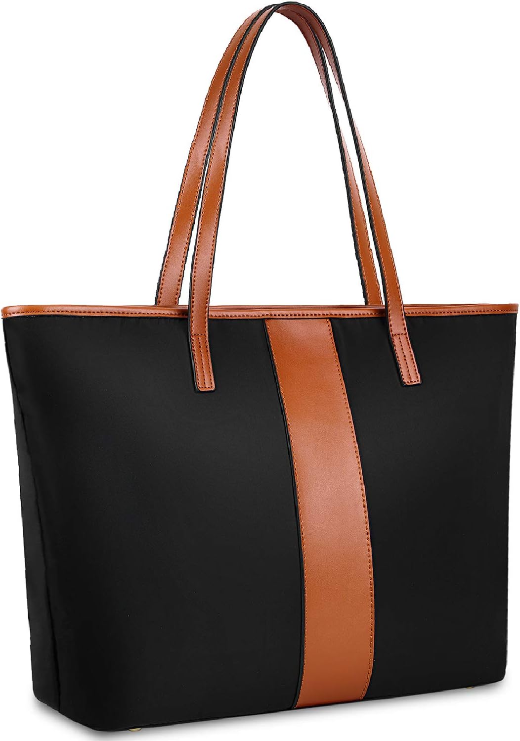 YALUXE Women Nylon Genuine Leather Shoulder Bag Lightweight Tote Bag Top Handle Bag Casual Handbag - Brown&Black