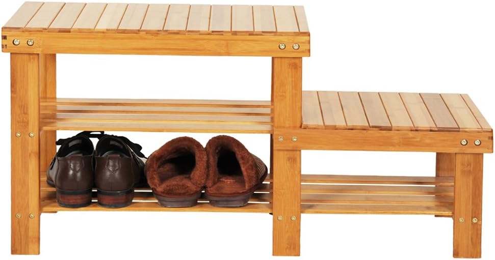 Ochine Bamboo Shoe Rack Bench - 3-Tier Sturdy Entryway Storage Bench Holds up to 551 LBS for Entryway, Bedroom, Living Room, Balcony (Ship from USA)