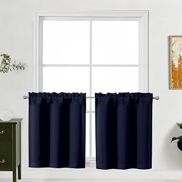 Lecloud Navy Blue Kitchen Curtains 24 Inch Length 2 Pcs, Privacy Modern Room Darkening Curtain, Thermal Window Treatments Drapes Rod Pockets for Cafe Bedroom Cabinet Camper, Each Panel 30" W x 24" L