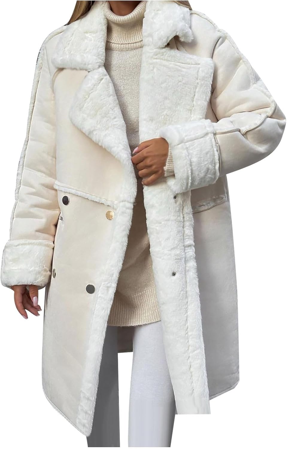 XUNRYAN Womens Winter Sherpa Trench Coat Long Suede Fleece Jacket Notch Lapel Jackets Warm Peacoat Thick Parka Anorak Outwear