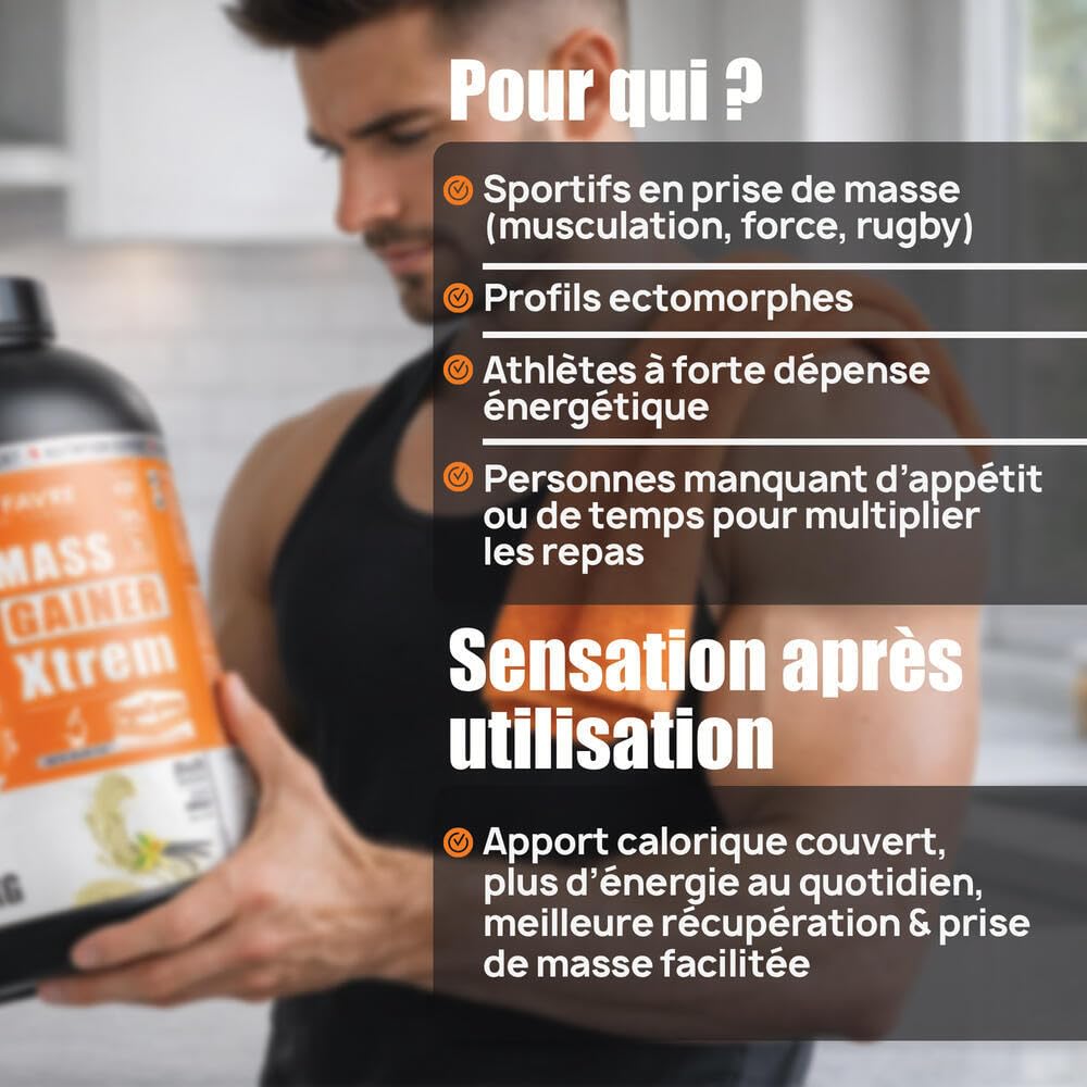 MASS GAINER XTREM avec CREATINE - Gainer Prise de Masse - 433 kcal, 94g Glucides, 3g Créatine, Whey + Digezyme - 3kg - Saveur Chocolat - Eric Favre