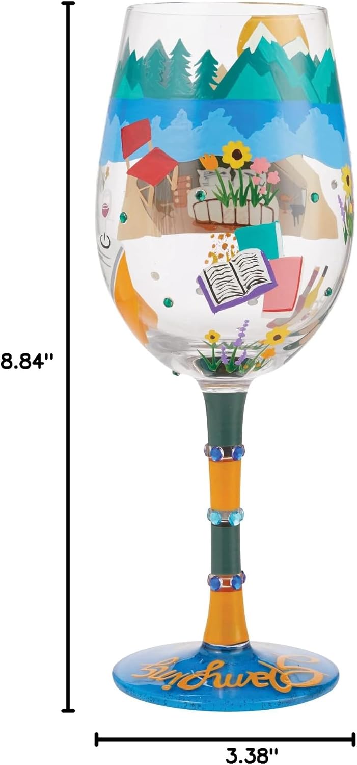 Enesco Designs by Lolita Glamping Hand-Painted Artisan Wine Glass, 15 Ounce, Multicolor