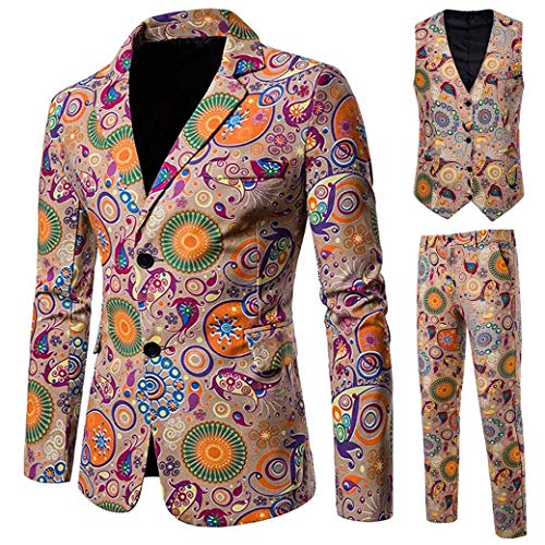 MoonHome Men's 3 Pieces Suit Elegant Vintage Ethnic Style One Button Slim Fit Single Breasted Party Blazer Vest Pants Set Khaki