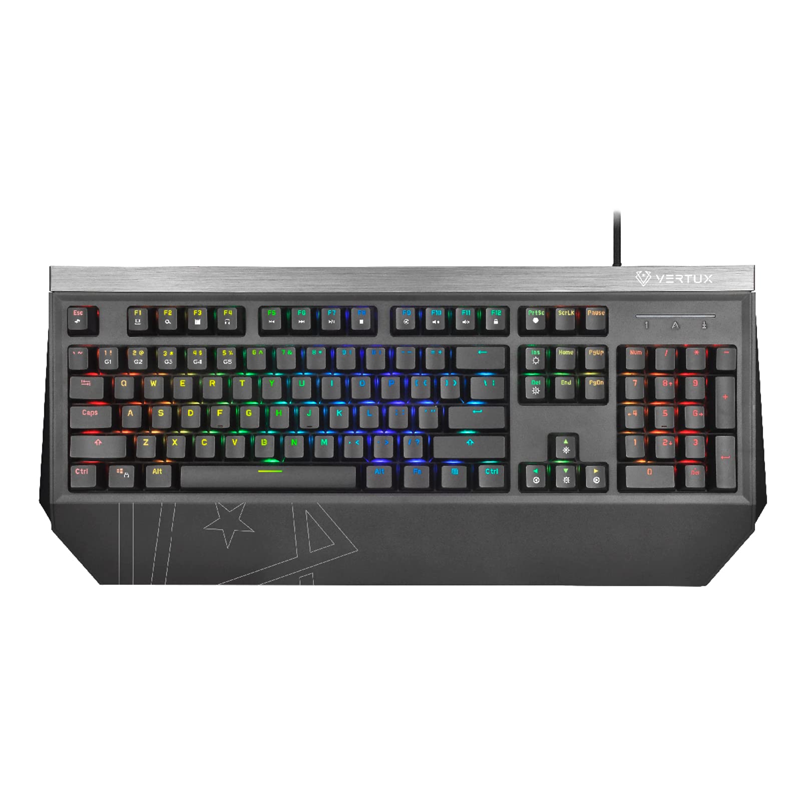 Vertux Gaming Tantalum, mekanik kablolu oyun klavyesi, tam boy, mavi şalter, 104 gölgeleme önleyici tuş, 12 multimedya Hotkeys, özel RGB arka plan aydınlatması
