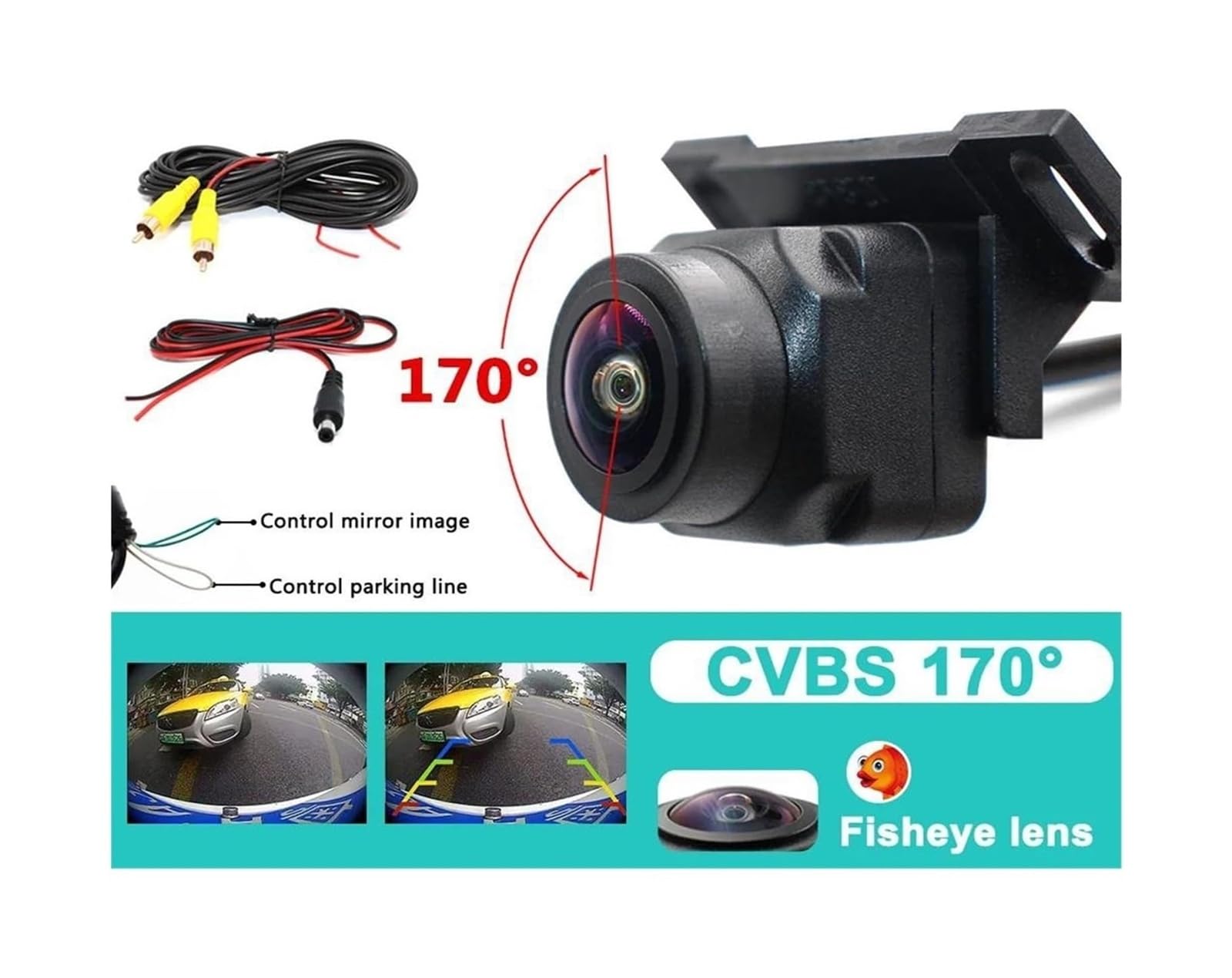 Cámara Visión Trasera Vista Frontal Lateral Trasera del Coche Cámara De Respaldo Gran Angular Visión Nocturna Impermeable CCD Lente Ojo Pez 180 Grados(170 AHD 720P)