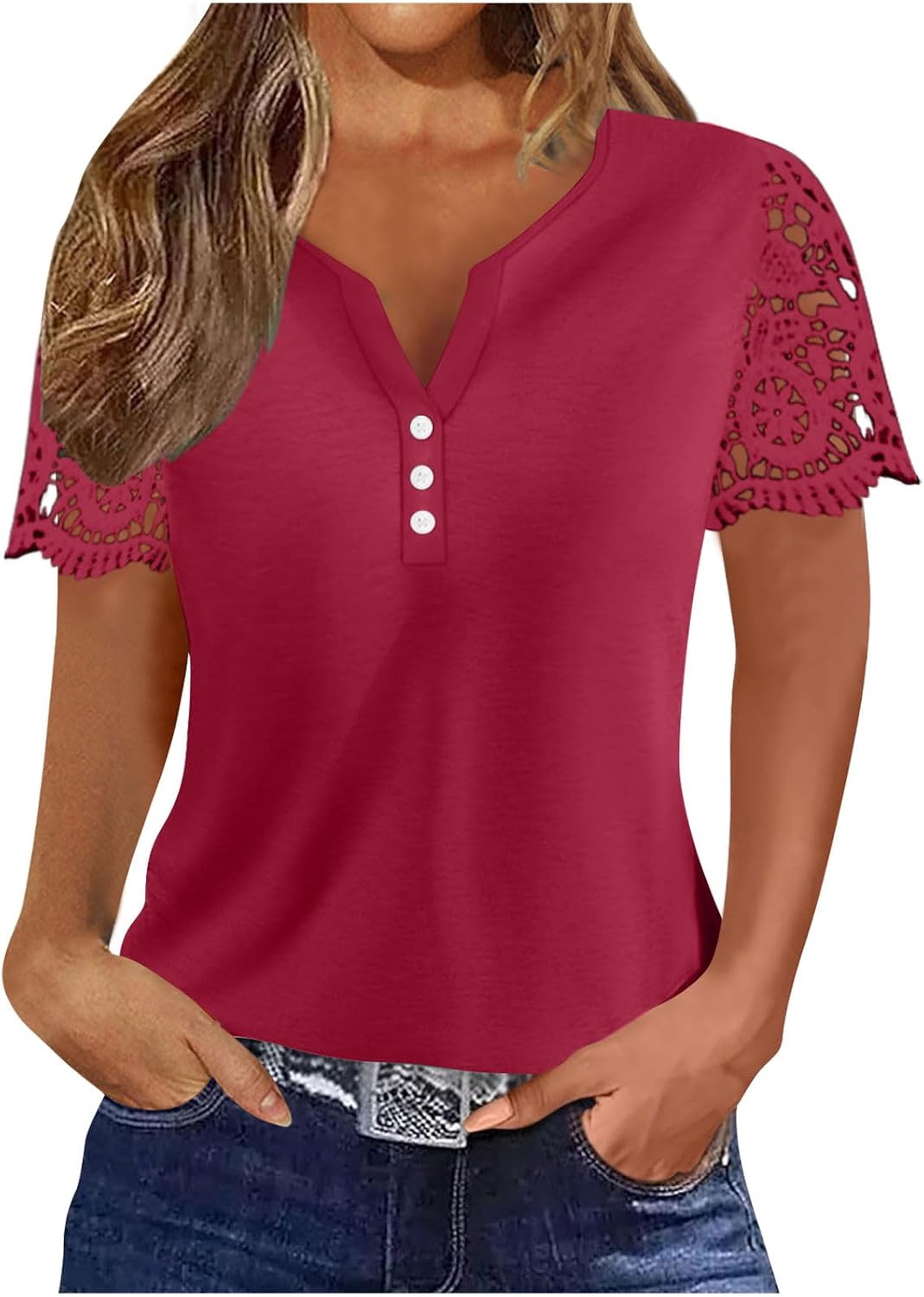 Short Sleeve Shirts for Women Sexy Lace Button Down Tunic Tops Casual Loose Fit Solid Color Blouses Plus Size