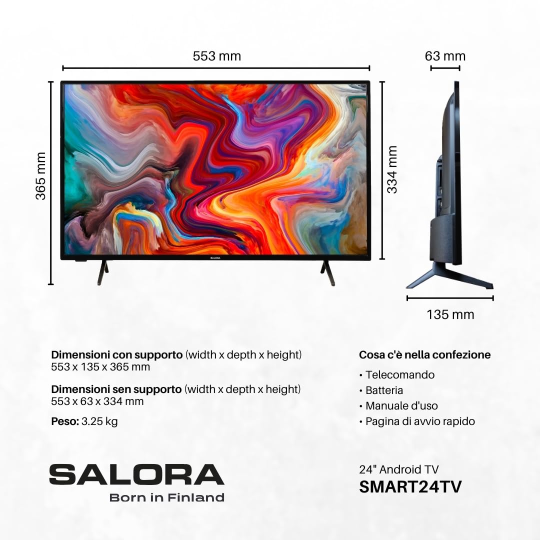 SALORA SMART24TV – Smart TV da 24 Pollici con Android – Display LED, HD Ready, Chromecast Integrato, Dolby Audio, Wi-Fi, Bluetooth, 3x HDMI – TV Compatta Ideale per Casa o Cucina