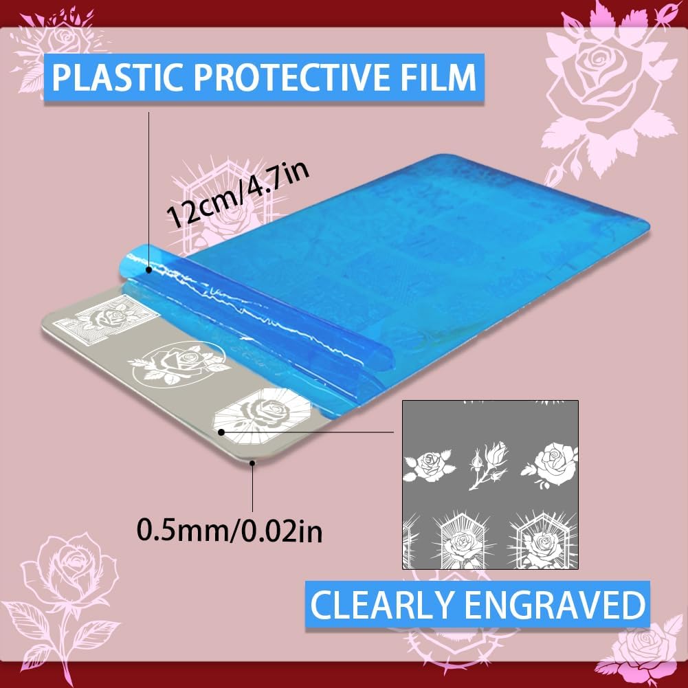 PH PandaHall 3pcs Rose Flower Pattern Nail Stamp Plate Rose Crack Pattern Print Art Template Stainless Steel Nail Image Plate with Stamper and Scrape for Women DIY Printing 4.7x2.3 inch