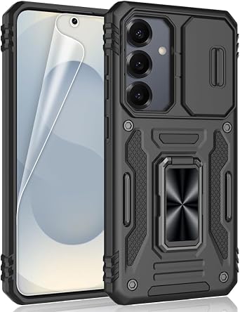 for Samsung Galaxy S25 Case, Shockproof Phone Case & Sliding Camera Cover & Ring Holder Kickstand with Soft TPU Screen Protector [Black]