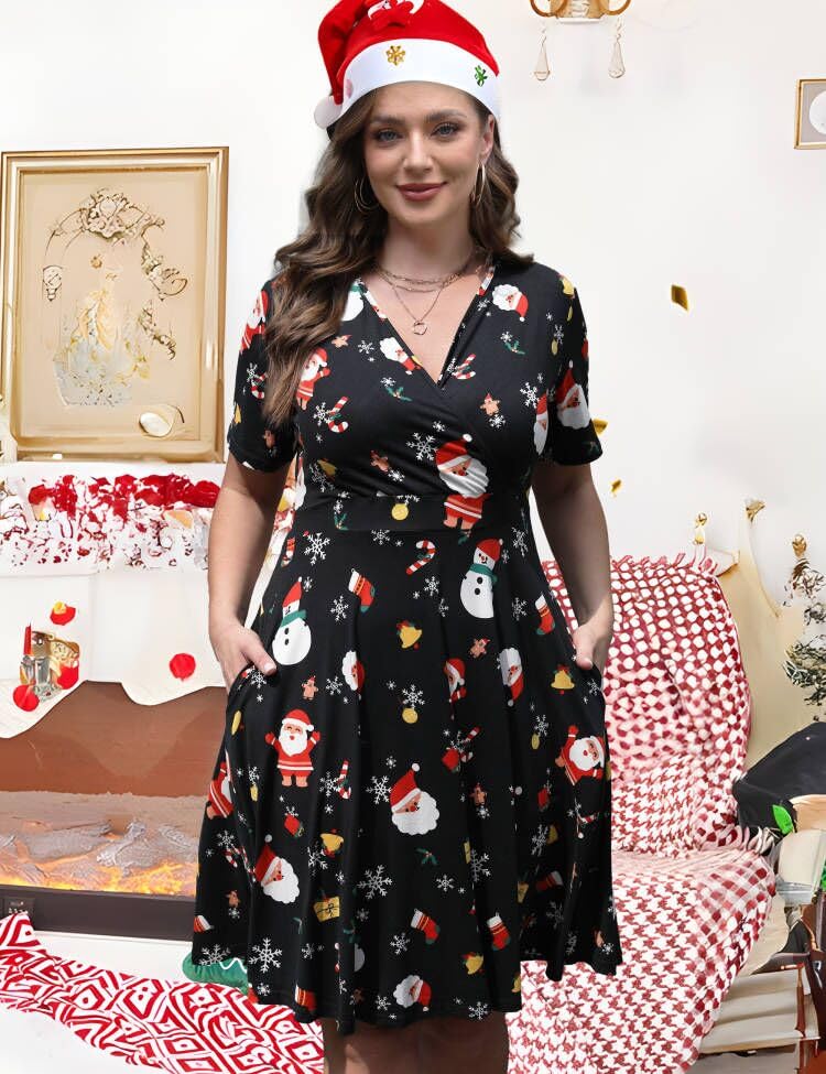 Image of Ahlaray Plus Size Faux Wrap Dress for Curvy Women with Pockets | Flattering faux wrap V-neck with soft stretch fabric and pockets for work, weddings and everyday comfort.