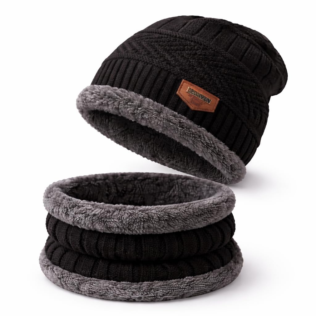 Winters Cap & Muffler for Men & Women| Beanie Cap| 1 Set| (Black)-image-43