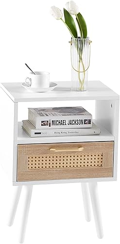 Miniatura 27 de Meihua Mesita de noche de ratán bohemio con cajón decorado de ratán hecho a mano, mesa auxiliar moderna para dormitorio, sala de estar. Negro