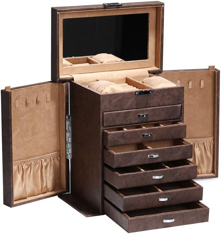 Large Capacity Jewelry Storage Box With Makeup Mirror 7-layer PVC Leather Jewelry Box Ring Earrings Necklace Bracelet Collection Display Box 26x16.5x30cm (Color : A)