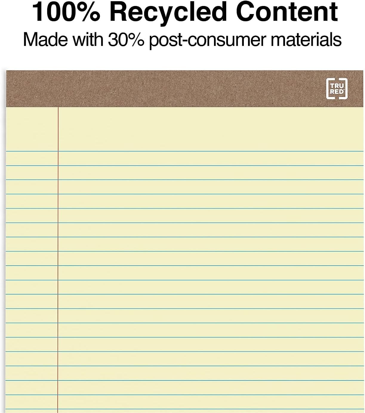 STAPLES Recycled Perforated Notepads, 8.5” x 11.75”, Wide Ruled, Canary, 12‑Pack